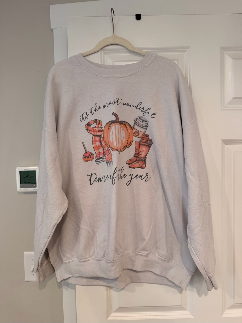 Cozy Fall Graphic Sweatshirt - Light Beige Pumpkin Design